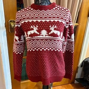V28 Burgundy & White Reindeer Pattern Sweater, L